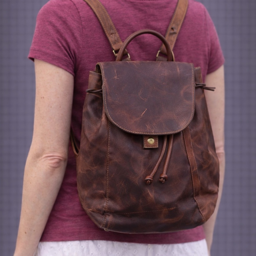 Rachel Roy Genuine Leather Bucket Knapsack Backpack Brown Medium Size